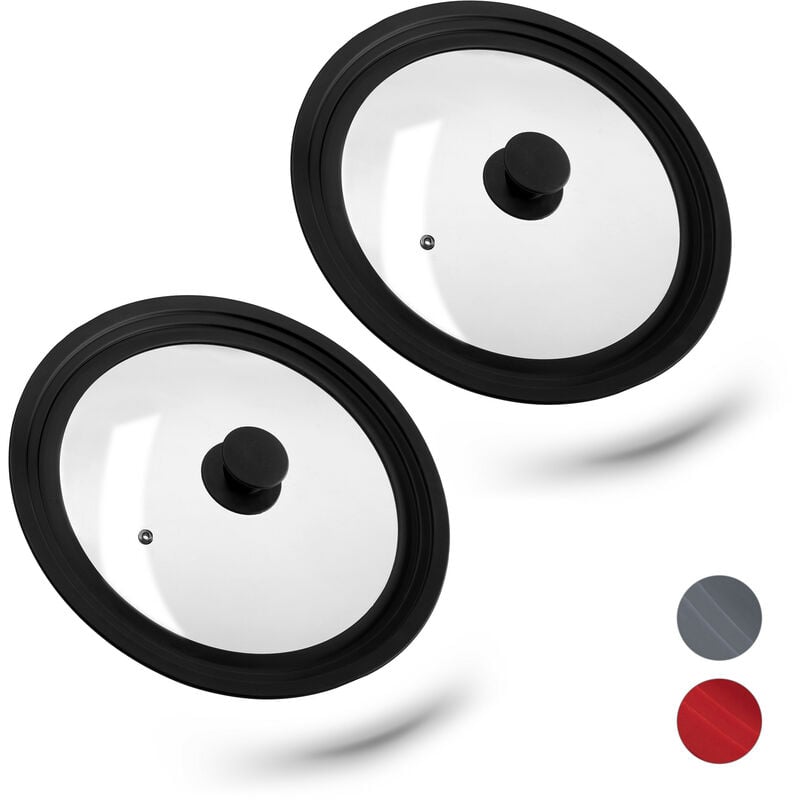 Set of 2 Relaxdays Saucepan Lids Universal, Glass Cover, Stepped Silicone Rim, Pots & Pans 26-30 cm, 5x27,5 cm, Black