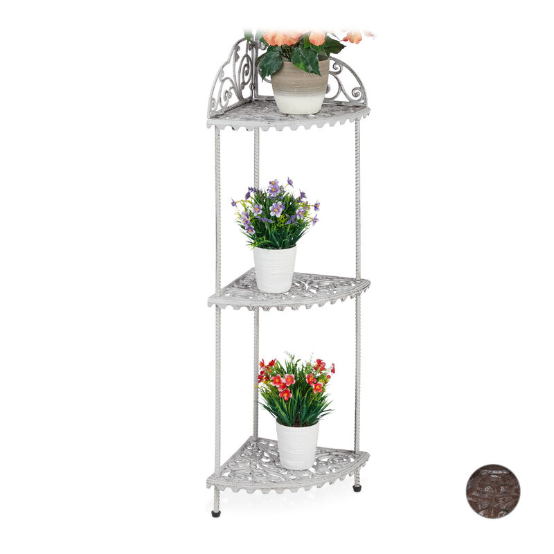 Scaffale ad Angolo, 3 Ripiani, Piante Fiori, Deco Ghisa, Design Vintage, Antico, HxLxP 106x42x31 cm, Bianco - Relaxdays