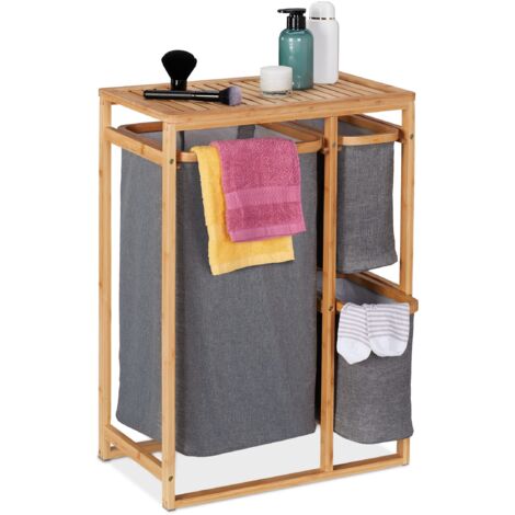 Relaxdays Scaffale Portabiancheria, 3 Cesti Estraibili in 2 Dimensioni, 70x50x30,5 cm, bambù e Poliestere, Natura Grigio, 70 x 50 x 30,5 cm