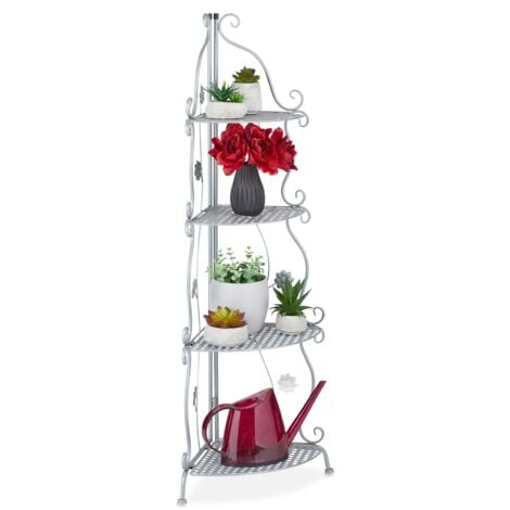 Relaxdays Scaffale Portafiori in Metallo, Fioriera ad Angolo con 4 Mensole Porta Piante, HLP 113,5 x 31 x 31 cm, Argento, Ferro
