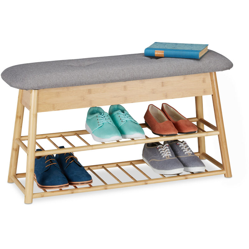 Relaxdays - Shoe Bench For 8 Pairs, 2 Levels, Foldable Seat Pad, 2 Storage Compartments Under Lid, Bamboo, Hwd, 48x90x28 Cm, Natural