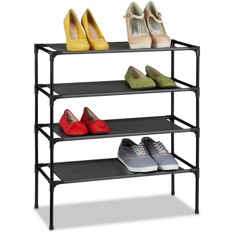Relaxdays Shoe Rack, Organiser With 4 Levels, Stores 12 Pairs Of Shoes, Fleece, Iron, Hxwxd, 68 X 62 X 28, Black