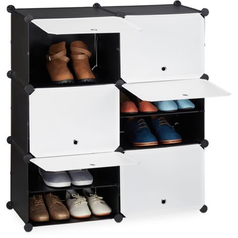 Relaxdays Scarpiera in Plastica, 12 Scomparti Chiusi, Ante, Scaffale Porta Scarpe, Componibile, 95x85x32 cm, Bianco/Nero, Ferro, 1 pz