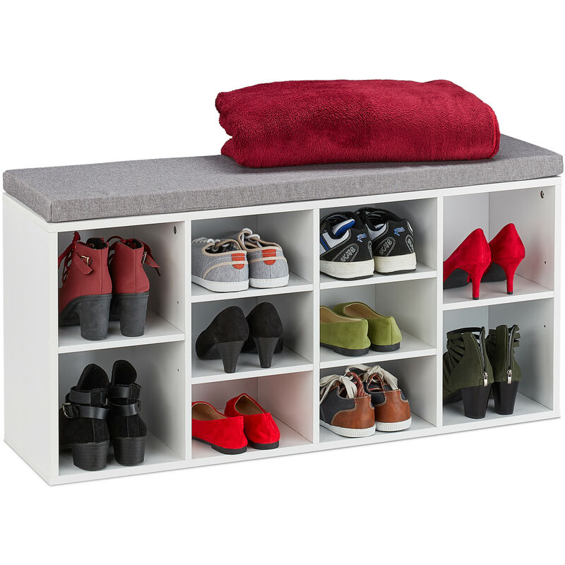 Relaxdays - Shoe Bench With Seat, 10 Compartments, Wardrobe Storage Shelf, Upholstered, Hallway, 52.5 X 104 X 30 Cm, White