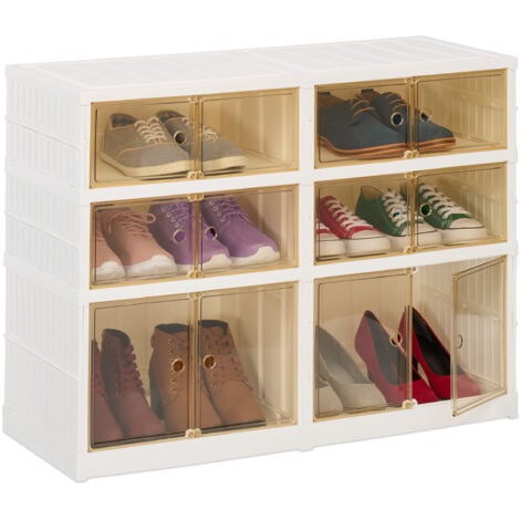 Relaxdays Scarpiera Salvaspazio in Plastica Pieghevole, HLP: 66,5x86,5x34,5 cm, 12 Paia Scarpe, Ruote, Bianco Marrone