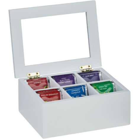 Relaxdays Scatola Porta Tè e Tisane, 6 Scomparti per Capsule Caffè, Cofanetto con Coperchio, 9x21,5x16 cm, Bambù, Bianco