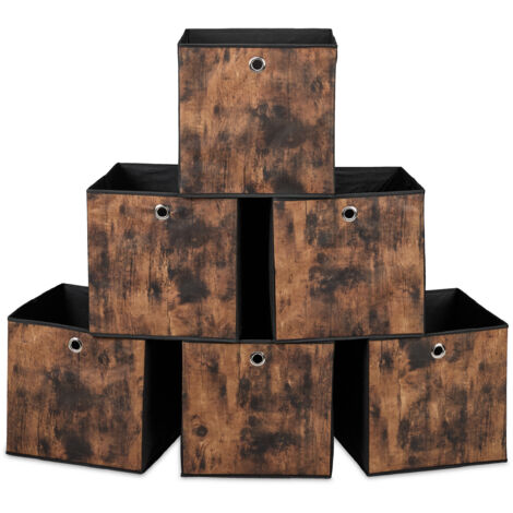 Relaxdays Scatola Portaoggetti, Set 6 Box a Cubo da Scaffale, HLP: 33x33x33 cm, Portagiochi Pieghevole, Nero Marrone