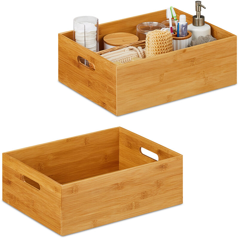 Set Of 2 Relaxdays Storage Boxes, Side Handles, For Moving And Transportation, Bamboo, Natural, Medium Size