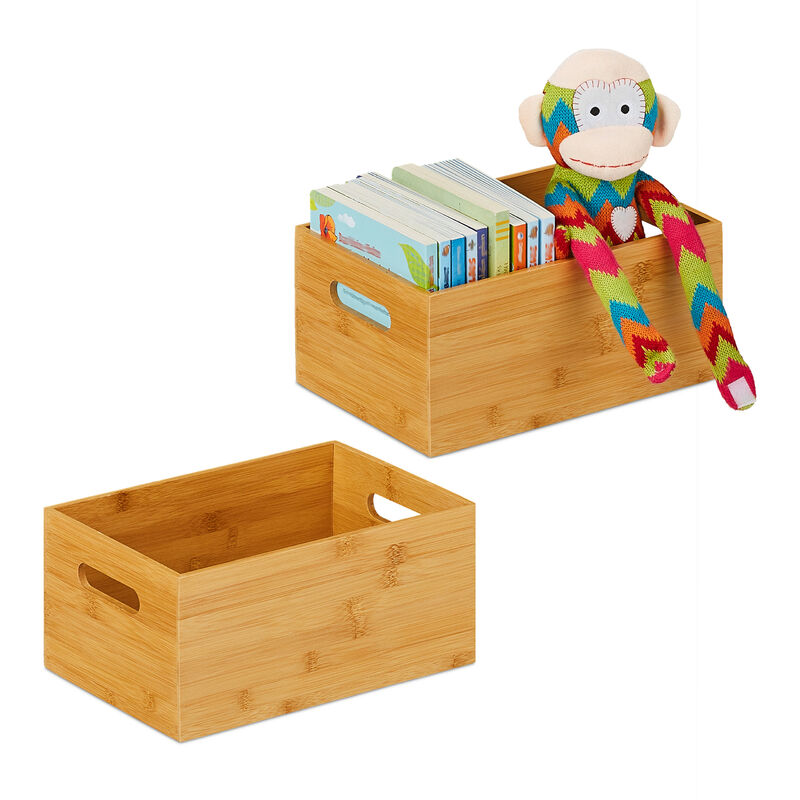 Set Of 2 Relaxdays Storage Boxes, Side Handles, For Moving And Transportation, Bamboo, Natural, Small Size