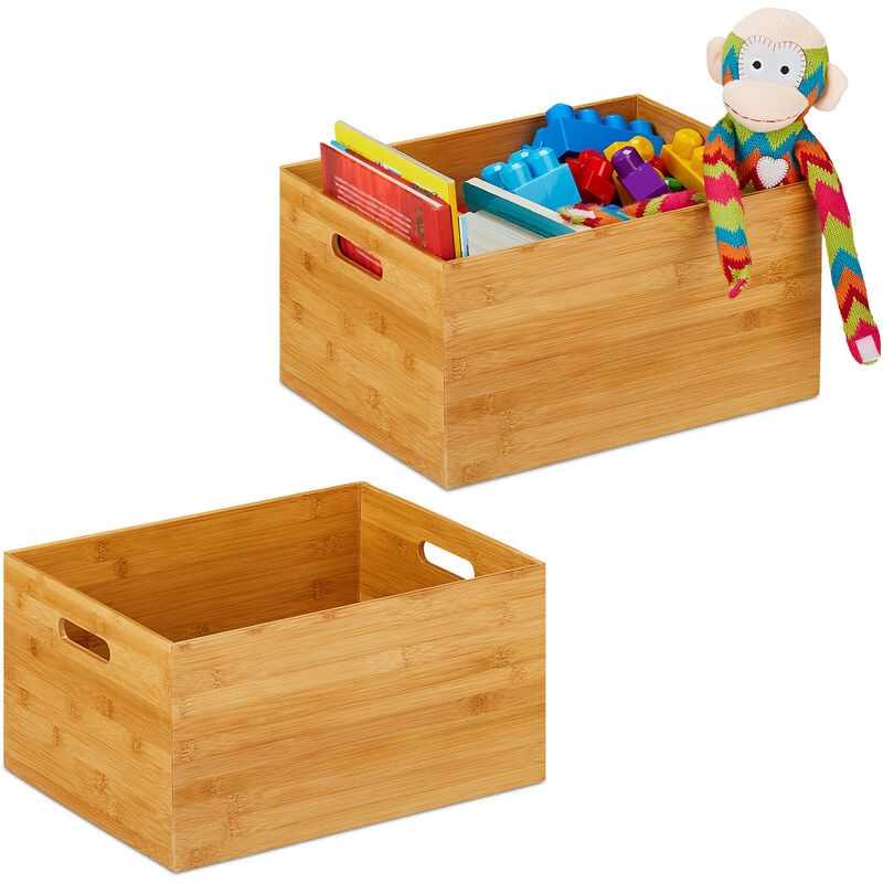 Set Of 2 Relaxdays Storage Boxes, Side Handles, For Moving And Transportation, Bamboo, Natural, Large Size