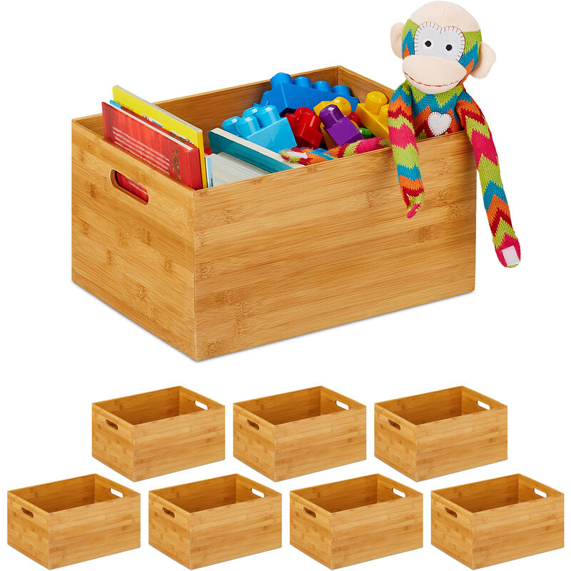 Set Of 8 Relaxdays Storage Boxes, Side Handles, For Moving And Transportation, Bamboo, Natural, Large Size