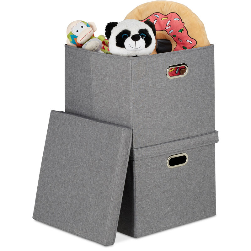 Relaxdays Storage Box, Set of 2, Foldable Storage Basket, with Lid, 51 L each, Square Organiser Box, 34x43x43 cm, Grey