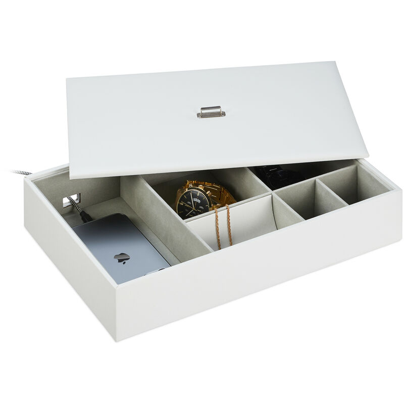Relaxdays Schmuckaufbewahrung, Schmuckkästchen Mit Vielen Fächern & Deckel, H X B X T, 7 X 32 X 22 Cm, Lederoptik, Weiß