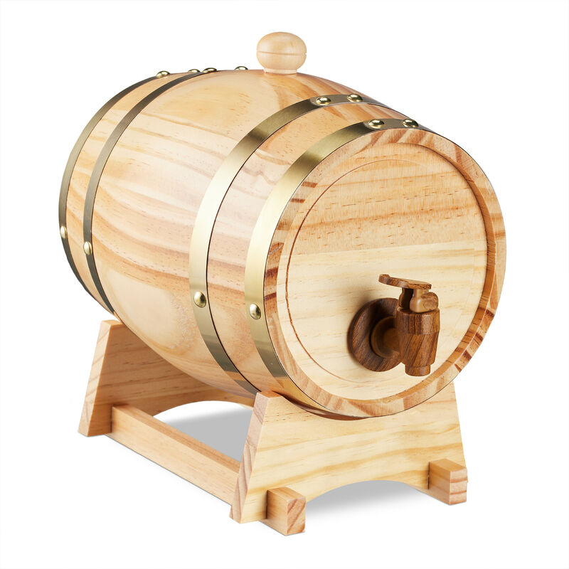 Relaxdays Schnapsfass, 2, 2 L, Holz, Whiskyfass Mit Bock & Zapfhahn, Für Whisky, Wein, Spirituosen, Deko Holzfass, Natur