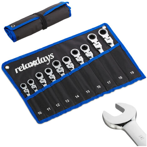   Schraubenschlüssel Set 10-teilig, Maul- & Ringschlüssel mit Ratsche & Gelenk, 10-19 mm, mit Tasche, schwarz