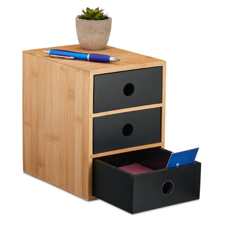 Relaxdays Schreibtisch Organizer, 3 Schubladen, Bambus & MDF, Schreibtischbutler Büro, HBT: 21x15x20 cm, natur/schwarz