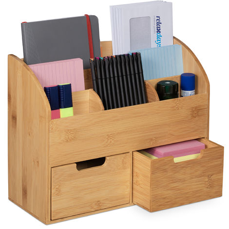  Schreibtisch Organizer, 6 Fächer, 2 Schubladen, für Büroutensilien, Bambus, Briefablage, 26x33x13,5 cm, natur