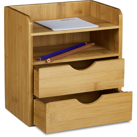 Relaxdays Schreibtisch-Organizer HBT: 21x20x13cm Ablagesystem aus Bambus für den Schreibtisch Organizer mit 2 Ablagen und 2 herausnehmbaren Schubladen Aufbewahrungsbox als Briefablage fürs Büro, natur