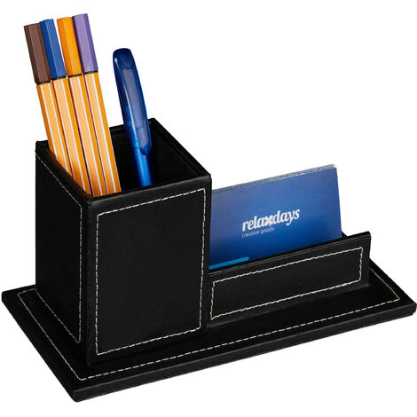 Relaxdays Schreibtisch Organizer mit Stiftebecher & Visitenkartenhalter, Kunstleder, HBT: 10,5 x 20 x 10 cm, schwarz