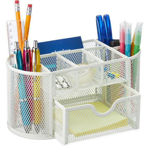 Relaxdays Schreibtisch-Organizer, Tischablage für Stifte und Bleistifte, Metallgitter, H x B 10,5 x 22 x 11 cm, Weiß