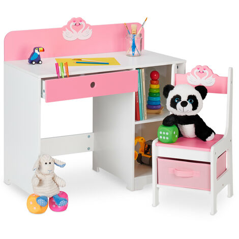 Relaxdays Schreibtisch und Stuhl für Kinder, Schublade & 2 offene Fächer, Schwan-Motiv, Kinderzimmermöbel, rosa/weiß
