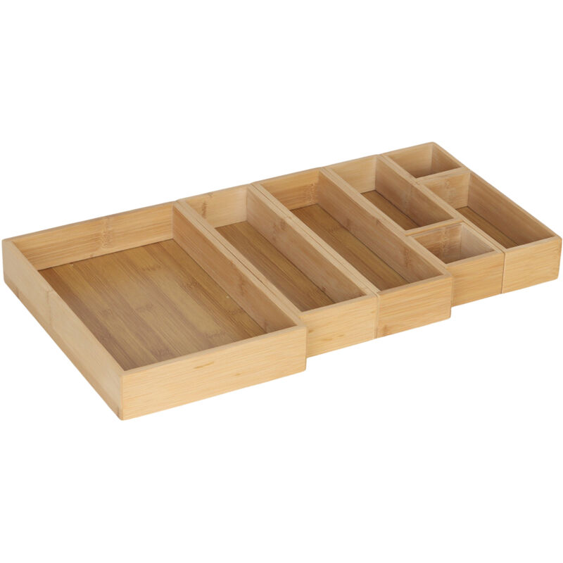 Relaxdays Schubladen Ordnungssystem, 7-tlg., 4 Größen, Bambus, Organizer Bad, Küche, Schreibtisch, Ordnungsboxen, Natur