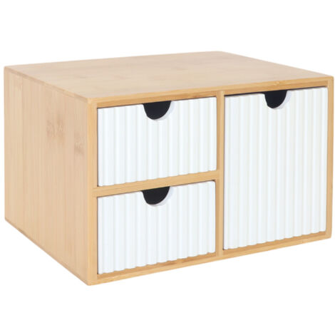 Relaxdays Schubladenbox, Bambus & MDF, 3 geriffelte Schubladen, HBT: 15 x 25 x 20 cm, Schreibtisch Organizer, weiß/natur