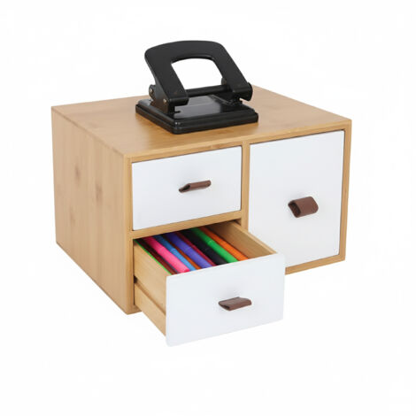 Relaxdays Schubladenbox Bambus & MDF, 3 Schubladen, Schlaufen, HBT: 15 x 25 x 20 cm, Schreibtisch Organizer, natur/weiß