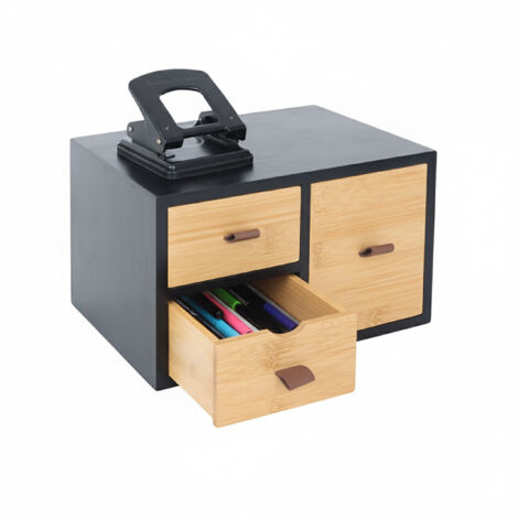 Relaxdays Schubladenbox Bambus & MDF, 3 Schubladen, Schlaufen, HBT: 15x25x20 cm, Schreibtisch Organizer, schwarz/natur
