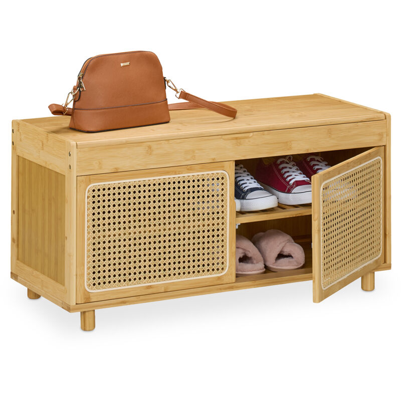 Relaxdays - Schuhbank, Mit Stauraum, 2 Fächer, Bambus, Rattan-optik, Hxbxt, 45 X 90 X 37 Cm, Flur, Schuhregal, Natur/beige