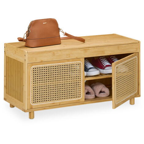 Relaxdays Schuhbank, mit Stauraum, 2 Fächer, Bambus, Rattan-Optik, HxBxT: 45 x 90 x 37 cm, Flur, Schuhregal, natur/beige
