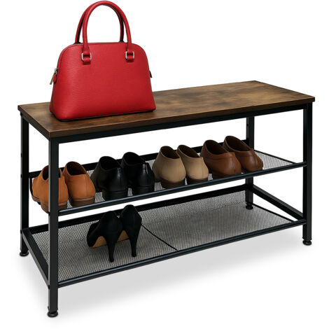 Relaxdays Schuhregal Industrial, 2 Gitterablagen, HBT: 45 x 80 x 30 cm, Schuhständer, Ablage in Holzoptik, schwarz/braun