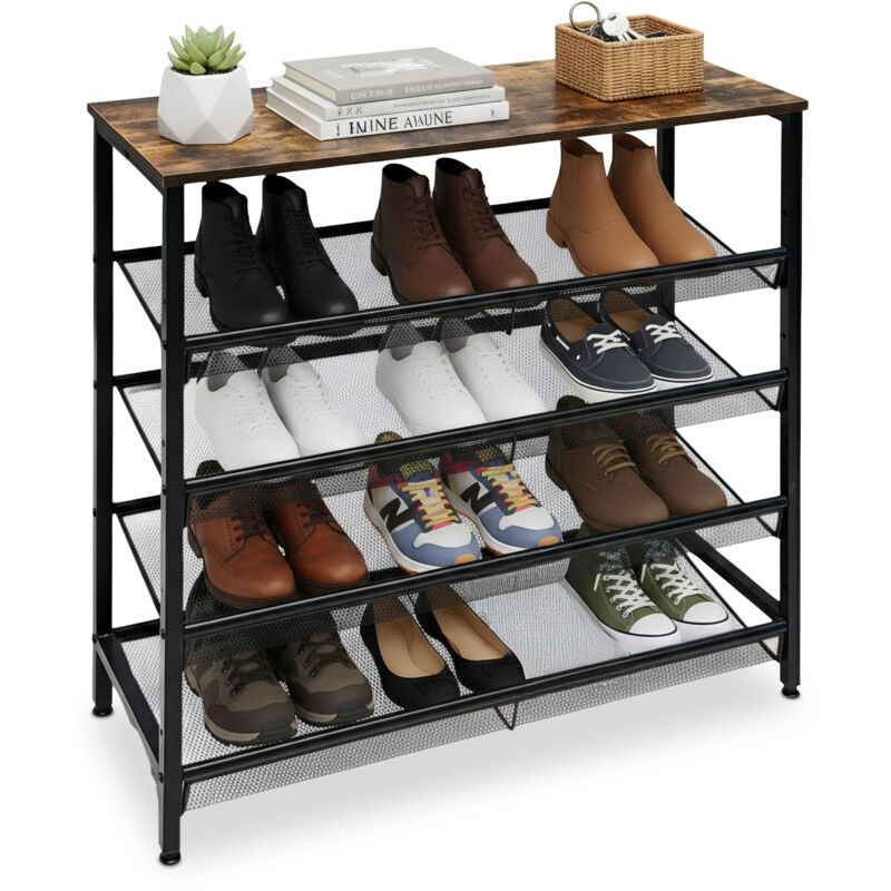 Relaxdays Schuhregal Industrial, 4 Gitterablagen, Hbt, 85 X 80 X 30 Cm, Schuhständer, Ablage In Holzoptik, Schwarz/braun
