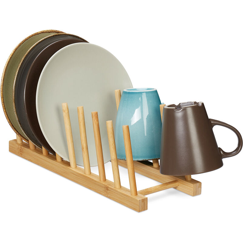 Relaxdays Plate Rack, for 8 Dishes, Pan Lid & Chopping Board Holder, Dish Drainer Stand for the Sink, Bamboo, Natural