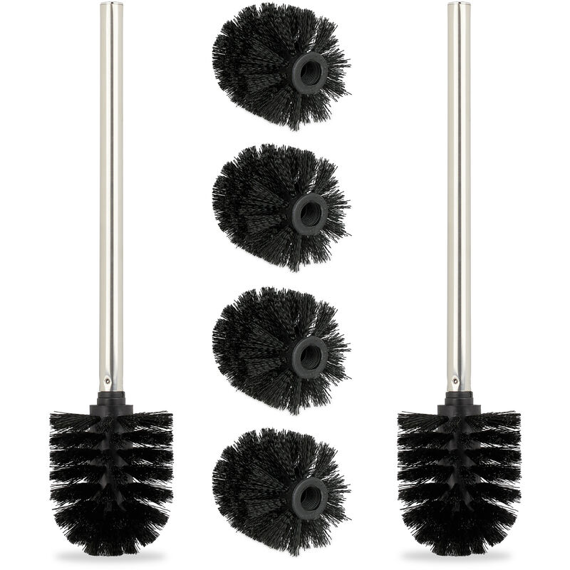 Toilet Brushes, Set of 2, 4x Replacement Heads, Stainless Steel Handle, Bathroom, h x diam. 35 x 8 cm, Black - Relaxdays