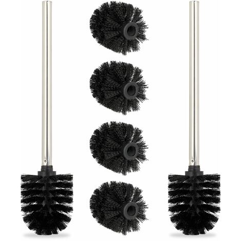 Relaxdays Scovolino per WC, Set da 2 con 4 Spazzole di Ricambio, Scopino con Manico in Acciaio Inox, HxD 35 x 8 cm, Nero