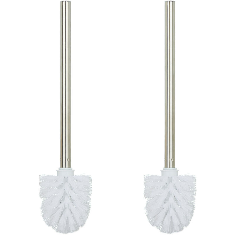 Toilet Brushes, Set of 2, Replacement, Removable Head, Stainless Steel Handle, h x diam. 35 x 8 cm, White - Relaxdays