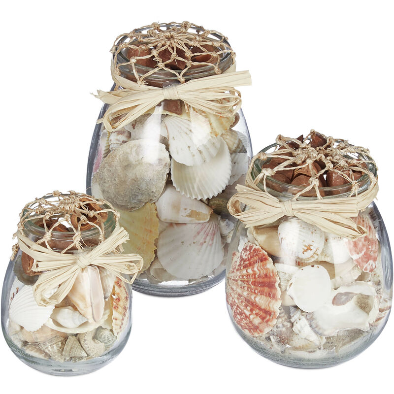 Relaxdays - Seashell Jar, Set Of 3, Natural Shell Mix, Nautical Style, Glasses In Different Sizes, Bathroom Decoration