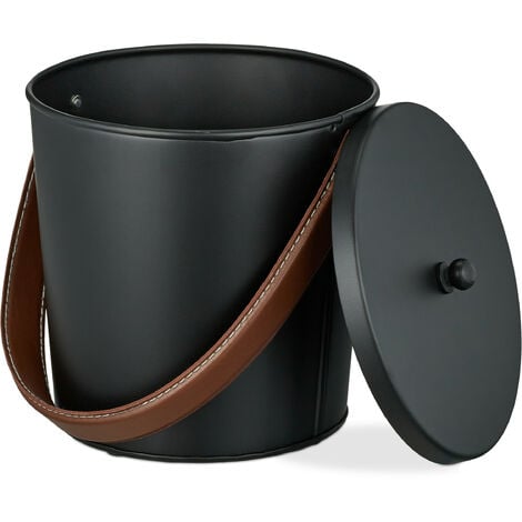 Relaxdays Seau à cendres avec couvercle, 4,5 litres, anse en cuir, pour charbon & cendres, cheminée poêle, noir - marron