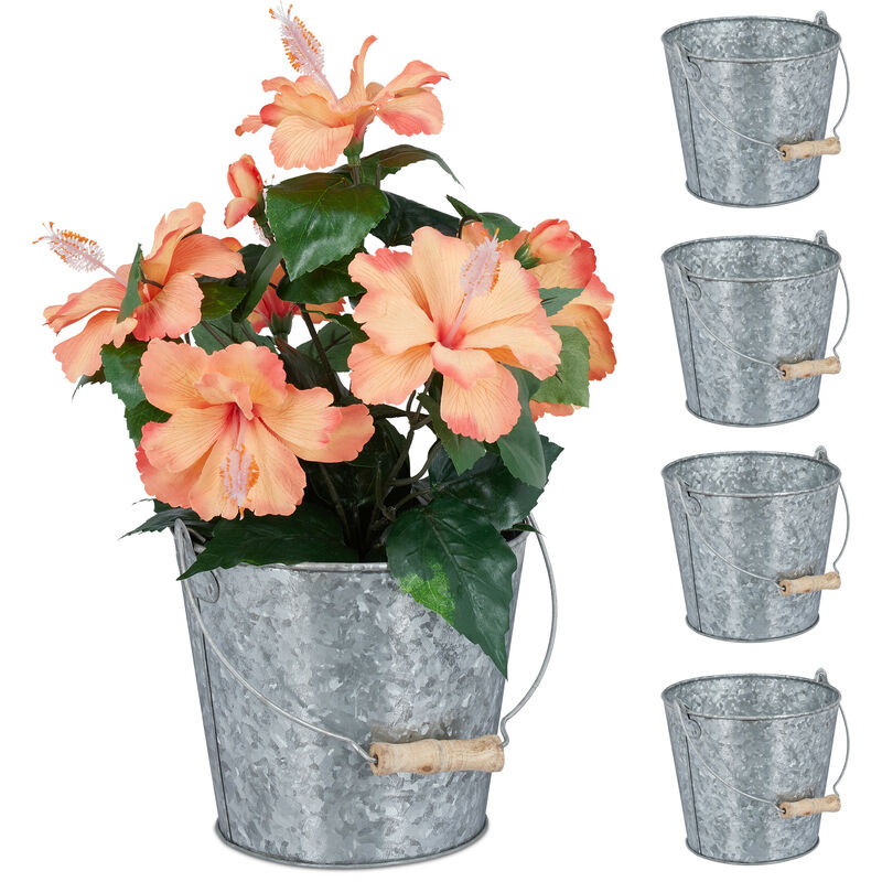 Seau métal en lot de 5, petit pot à fleurs zinc pour cuisine, balcon et jardin, avec anse, décoration, argenté - Relaxdays