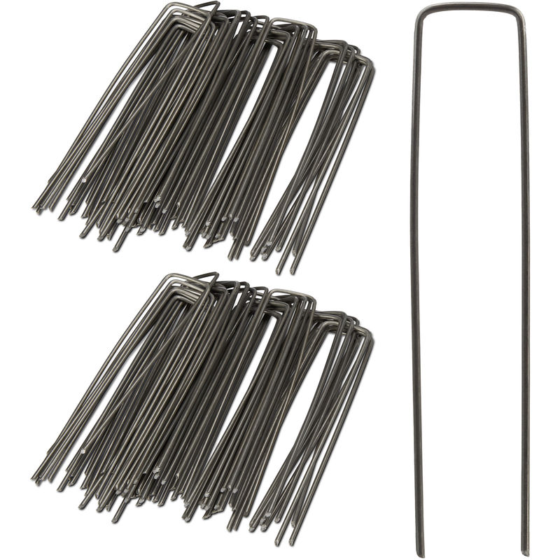Securing Pegs, Set of 100, Bevelled Tips, Drive Into the Ground, Weed Control, 15 cm Long, 3 mm ø, Steel, Silver - Relaxdays