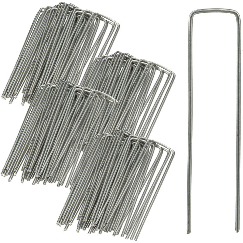 Relaxdays Securing Pegs Set of 100, Stainless, Bevelled Tips, Drive In, 15 cm Long, Galvanized Steel, Silver