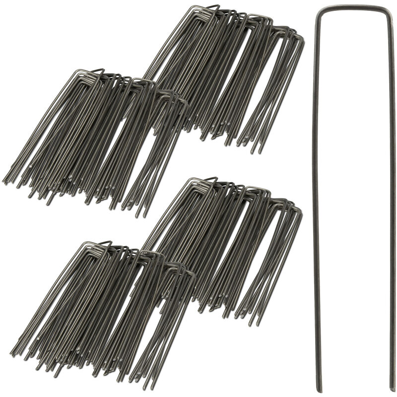 Securing Pegs, Set of 200, Bevelled Tips, Drive Into the Ground, Weed Control, 15 cm Long, 3 mm Ø, Steel, Silver - Relaxdays