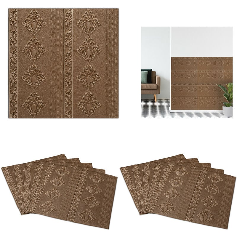 Relaxdays - Self-Adhesive Wall Panels, Set of 10, Can be Cut to Size, Foam, Baroque Look, Paneling, 70x70 cm Brown