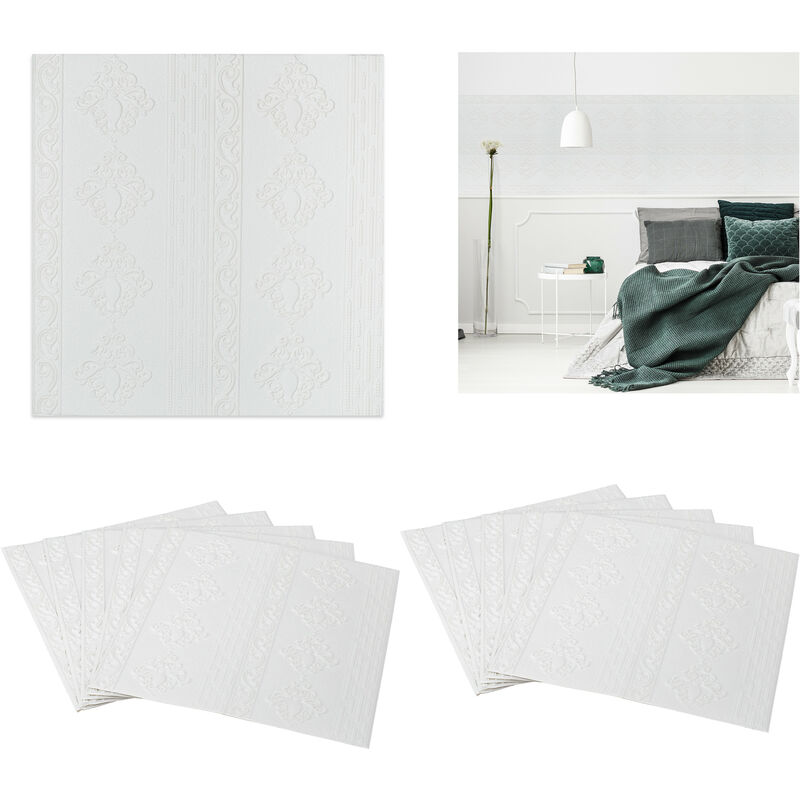 Relaxdays - Self-Adhesive Wall Panels, Set of 10, Can be Cut to Size, Foam, Baroque Look, Paneling, 70x70 cm, White