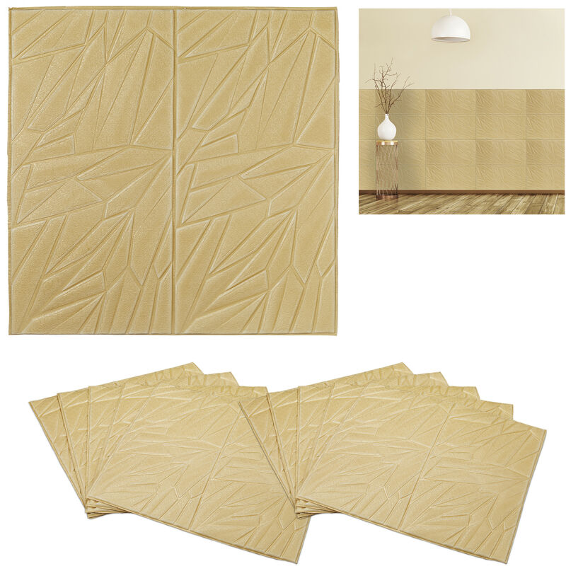Relaxdays Self-Adhesive Wall Panels, Set of 10, Can be Cut to Size, Modern Look, Pattern, Paneling, 70 x 68 cm, Gold