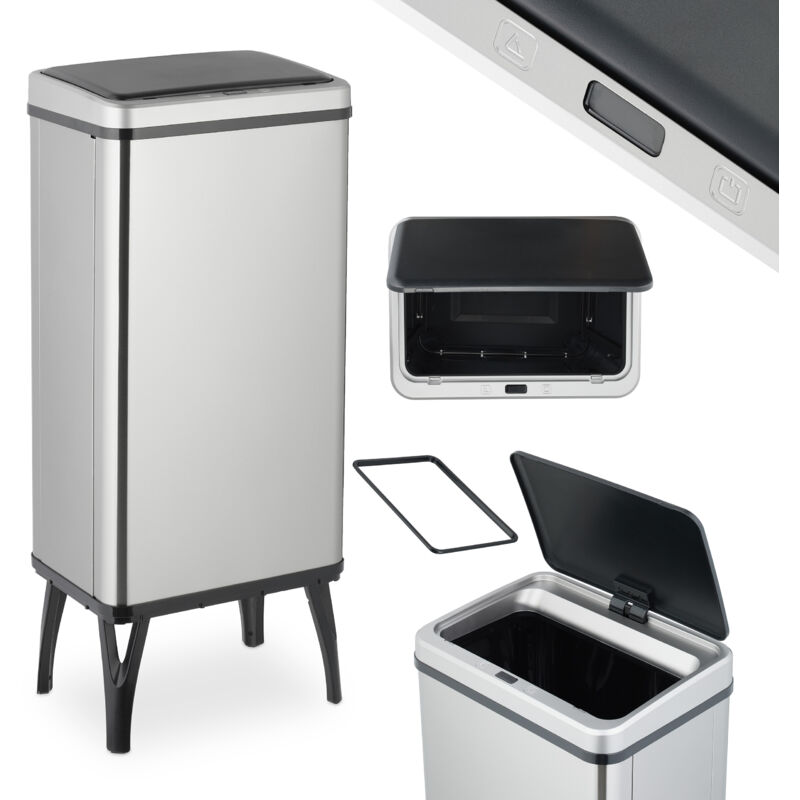 Relaxdays - Kitchen Bin With Sensor, 50 L, Automatic Lid, Waste Container, Rubbish Bag Holder, Stainless Steel, Silver