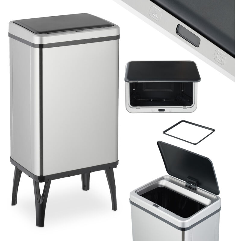 Relaxdays - Kitchen Bin With Sensor, 40 L, Automatic Lid, Waste Container, Rubbish Bag Holder, Stainless Steel, Silver