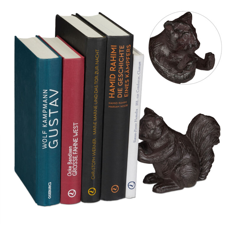 Relaxdays - Serre-livres écureuil, lot de 2, différentes utilisations, pour livres ou cd, fonte de fer, décoration robuste, marron