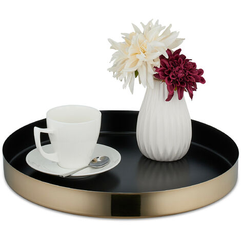 Relaxdays Serviertablett, rundes Dekotablett, Kerzen, Schmuck, Deko, HxD: 4 x 35 cm, Edelstahl, Teetablett, schwarz/gold